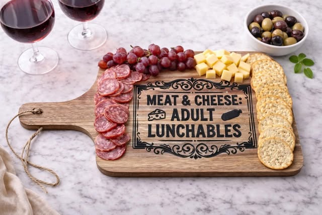 Charcuterie board engraved 'Meat & cheese: adult lunchables'