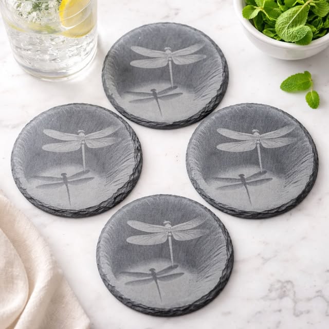 Set of four slate coasters engraved with dragonflies